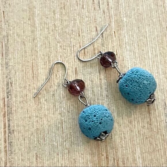 Blue lava rock and purple stone fish hook earrings - Picture 2 of 9